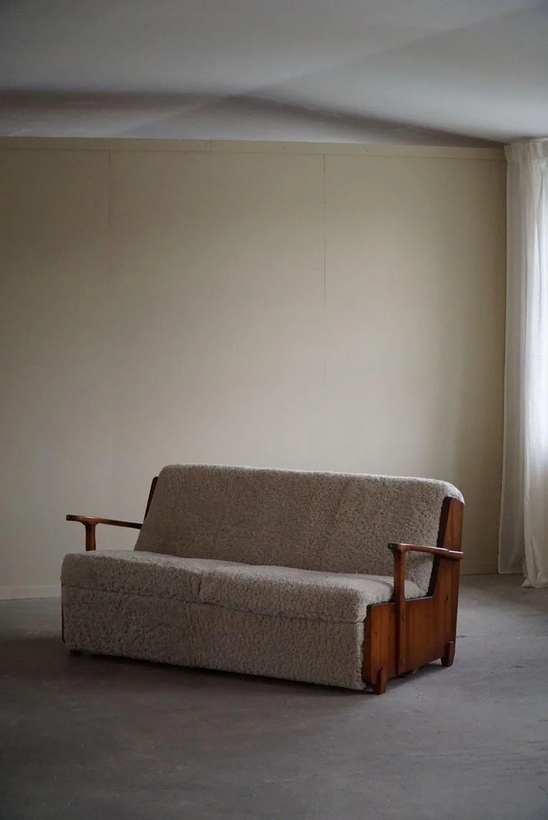 Swedish_Modern,_Freestanding_Two_Seater_Sofa_/_Bed_in_Pine_&_Lambswool,_1950s