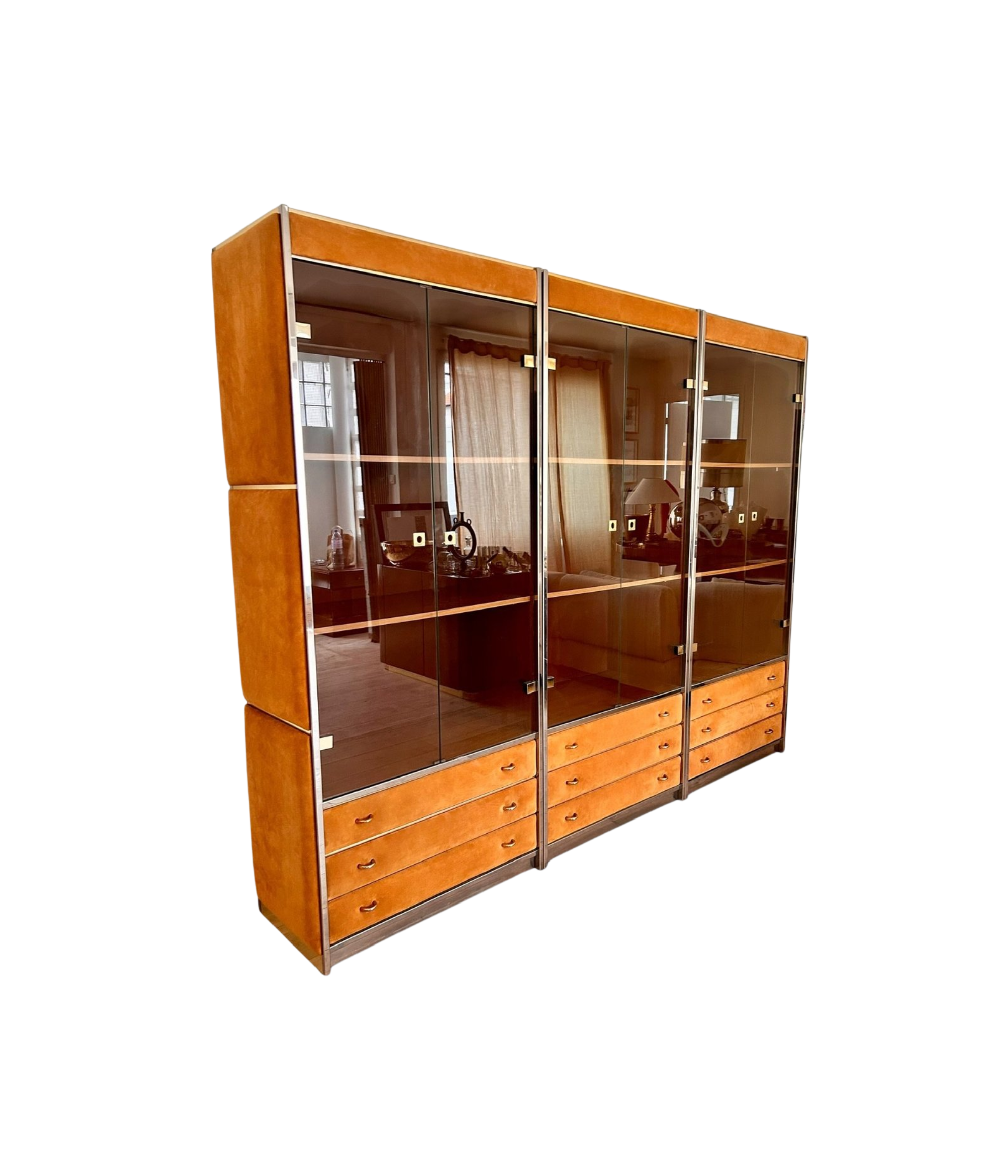 Three-Module_Display_Cabinet_in_Suede,_Smoked_Glass_and_Brass_in_the_Style_of_Willy_Rizzo,_Italy,_1970s