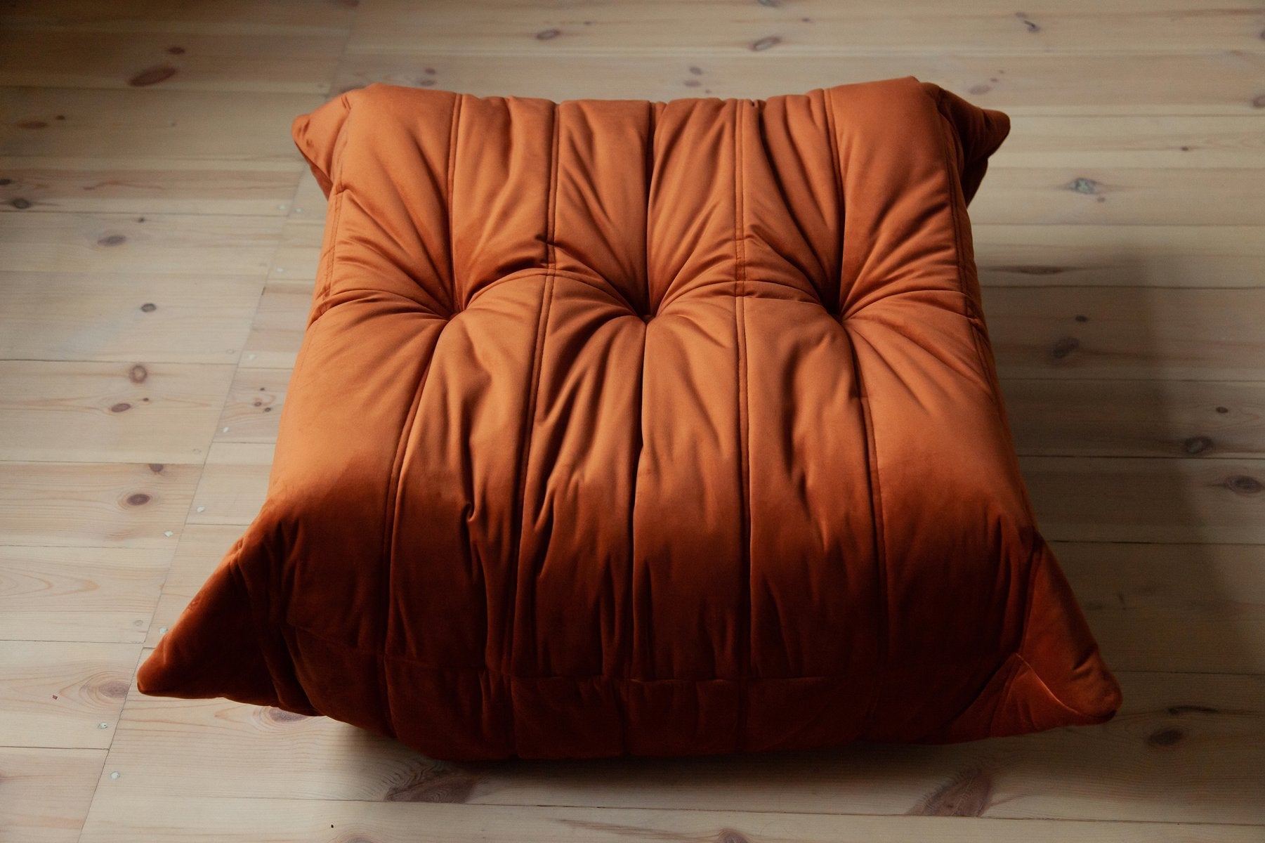 Togo_Pouf_by_Michel_Ducaroy_for_Ligne_Roset,_Amber_Orange_Velvet,_France,_1970s