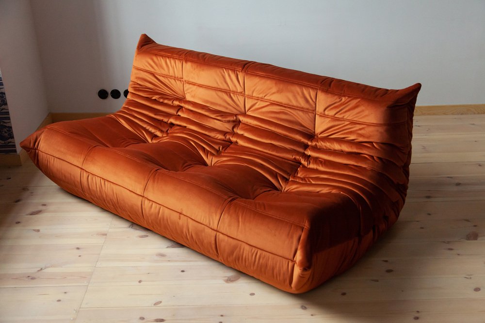 Togo_Three-Seater_Sofa_by_Michel_Ducaroy_for_Ligne_Roset,_Amber_Fabric,_France,_1970s