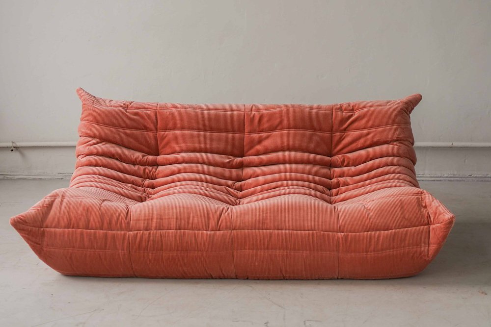 Togo_Three-Seater_Sofa_by_Michel_Ducaroy_for_Ligne_Roset,_Coral_Corduroy,_France,_1970s