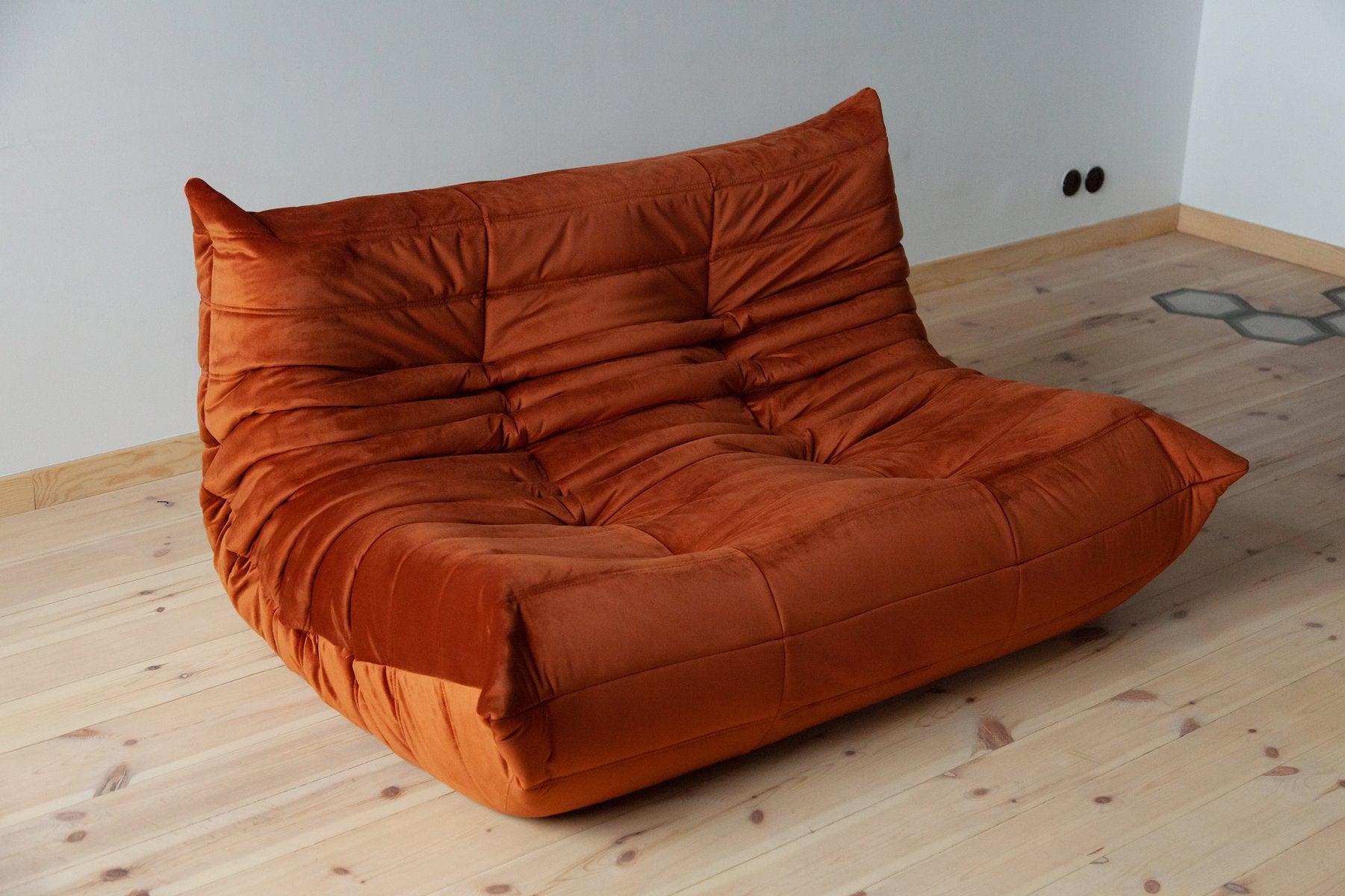Togo_Two-Seater_Sofa_by_Michel_Ducaroy_for_Ligne_Roset,_Amber_Orange_Velvet,_France
