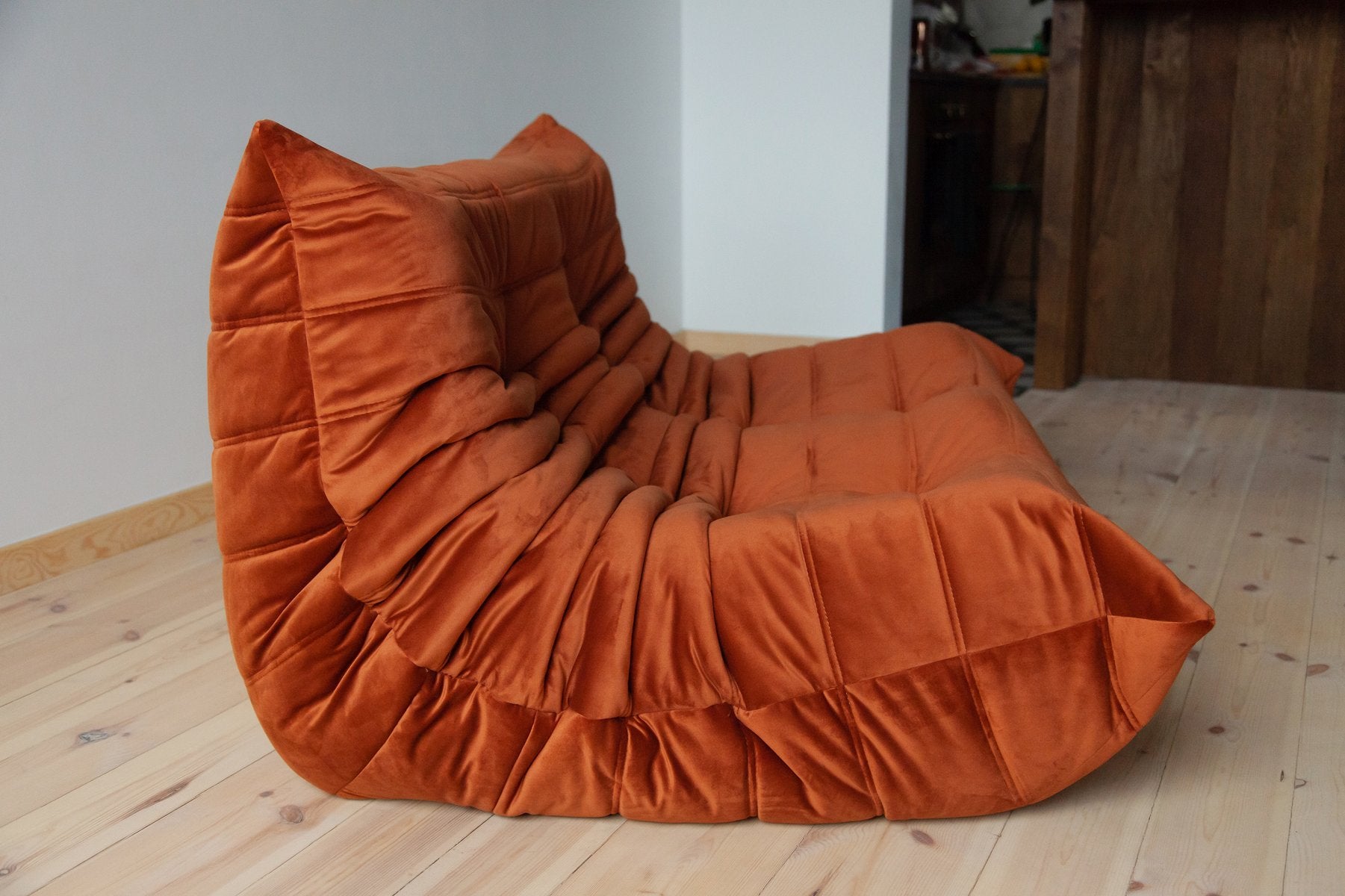 Togo_Two-Seater_Sofa_by_Michel_Ducaroy_for_Ligne_Roset,_Amber_Orange_Velvet,_France