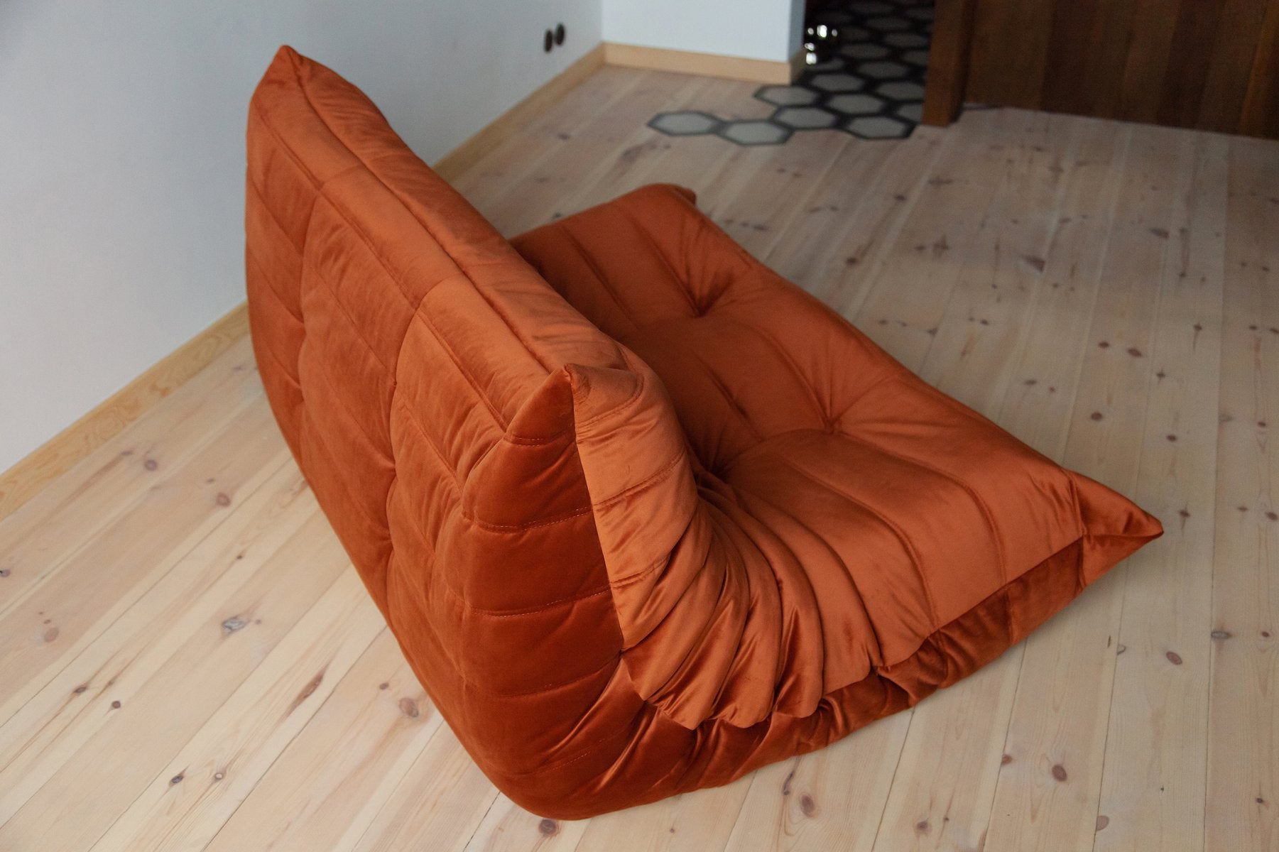 Togo_Two-Seater_Sofa_by_Michel_Ducaroy_for_Ligne_Roset,_Amber_Orange_Velvet,_France