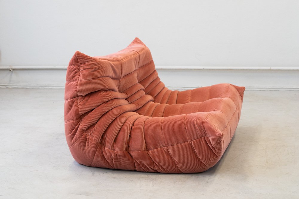Togo_Two-Seater_Sofa_by_Michel_Ducaroy_for_Ligne_Roset,_Coral_Corduroy,_France