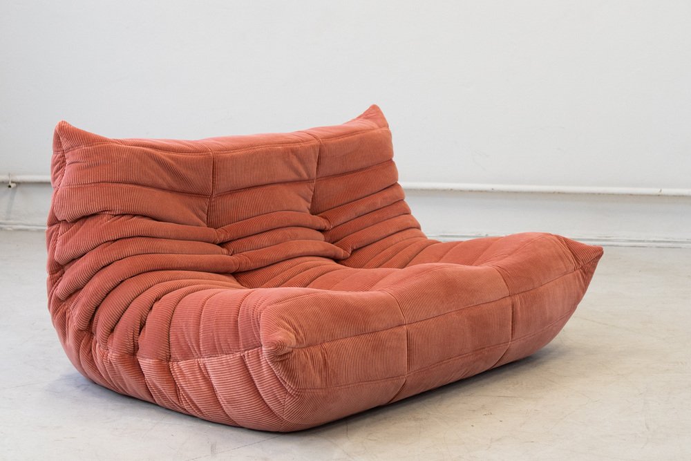 Togo_Two-Seater_Sofa_by_Michel_Ducaroy_for_Ligne_Roset,_Coral_Corduroy,_France