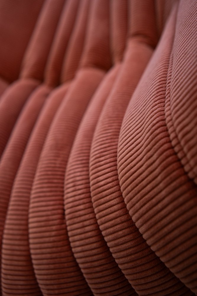 Togo_Two-Seater_Sofa_by_Michel_Ducaroy_for_Ligne_Roset,_Coral_Corduroy,_France