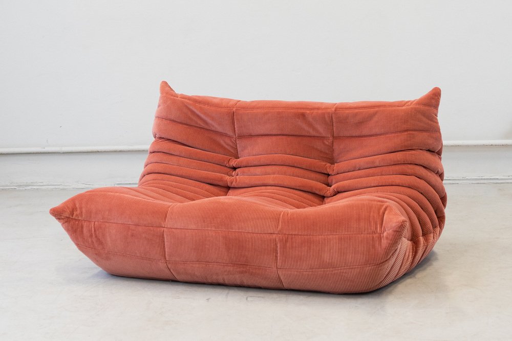 Togo_Two-Seater_Sofa_by_Michel_Ducaroy_for_Ligne_Roset,_Coral_Corduroy,_France