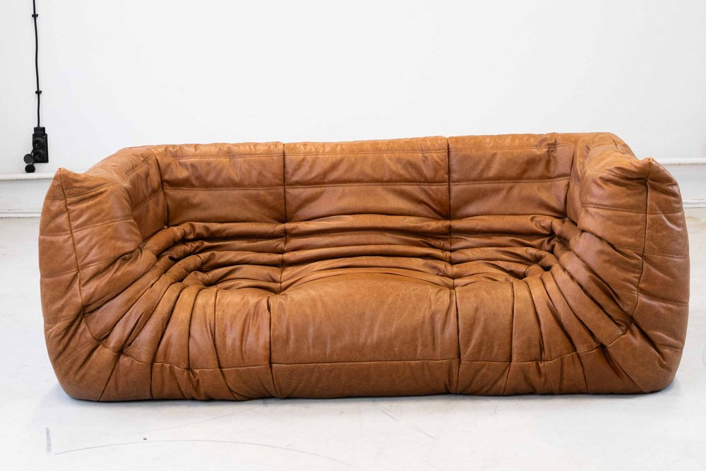 Togo_Two-Seater_Sofa_with_Arms_in_Brown_Pine_Leather_by_Michel_Ducaroy_for_Ligne_Roset,_France,_1970s