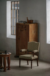 Turned_Wood_Armchair_with_Floral_Upholstery,_Scandinavian_Rustic_Design