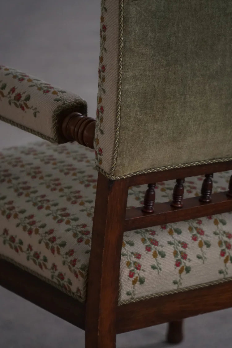 Turned_Wood_Armchair_with_Floral_Upholstery,_Scandinavian_Rustic_Design