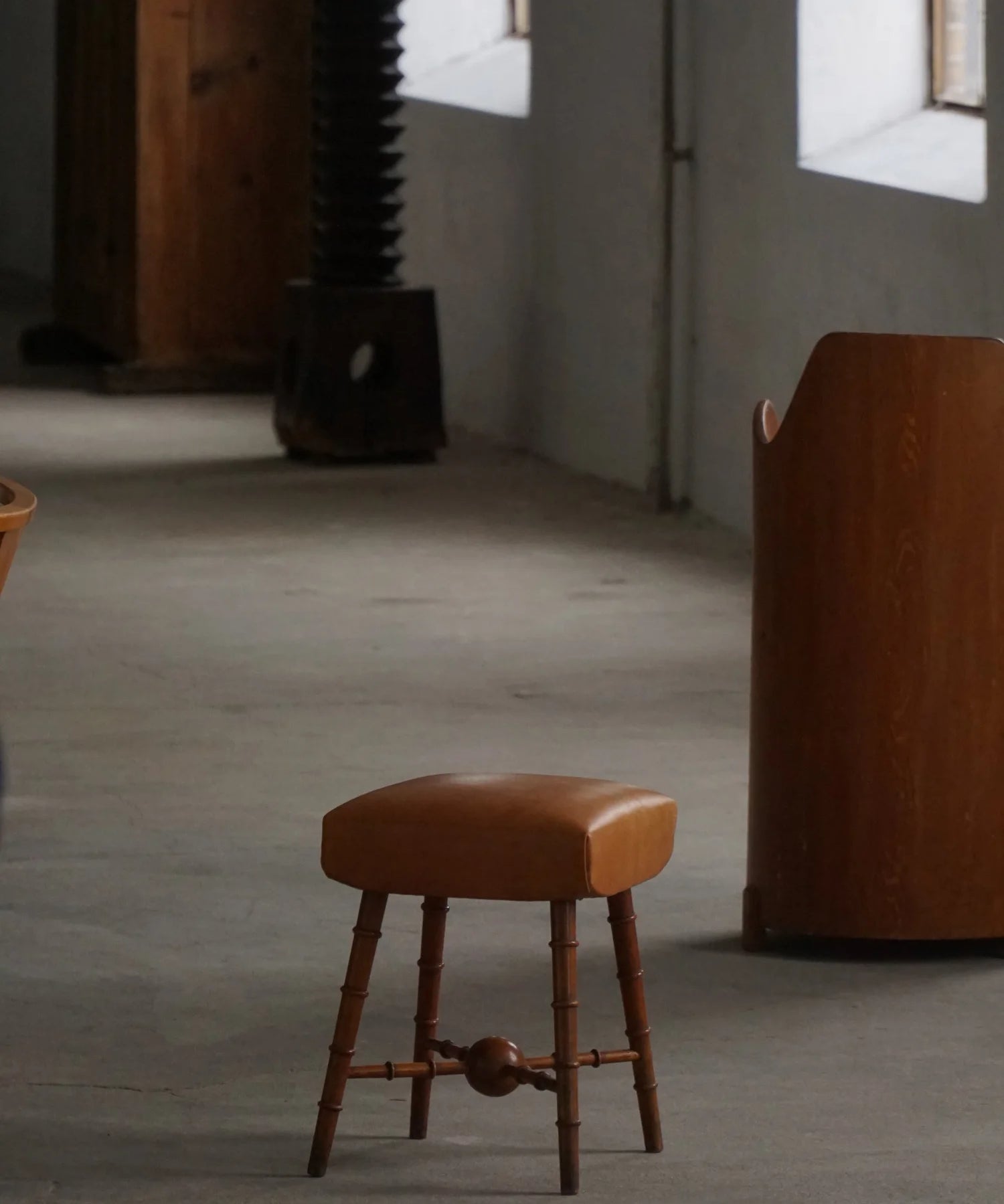 Turned_Wood_Stool_with_Leather_Seat,_Rustic_Scandinavian_Design