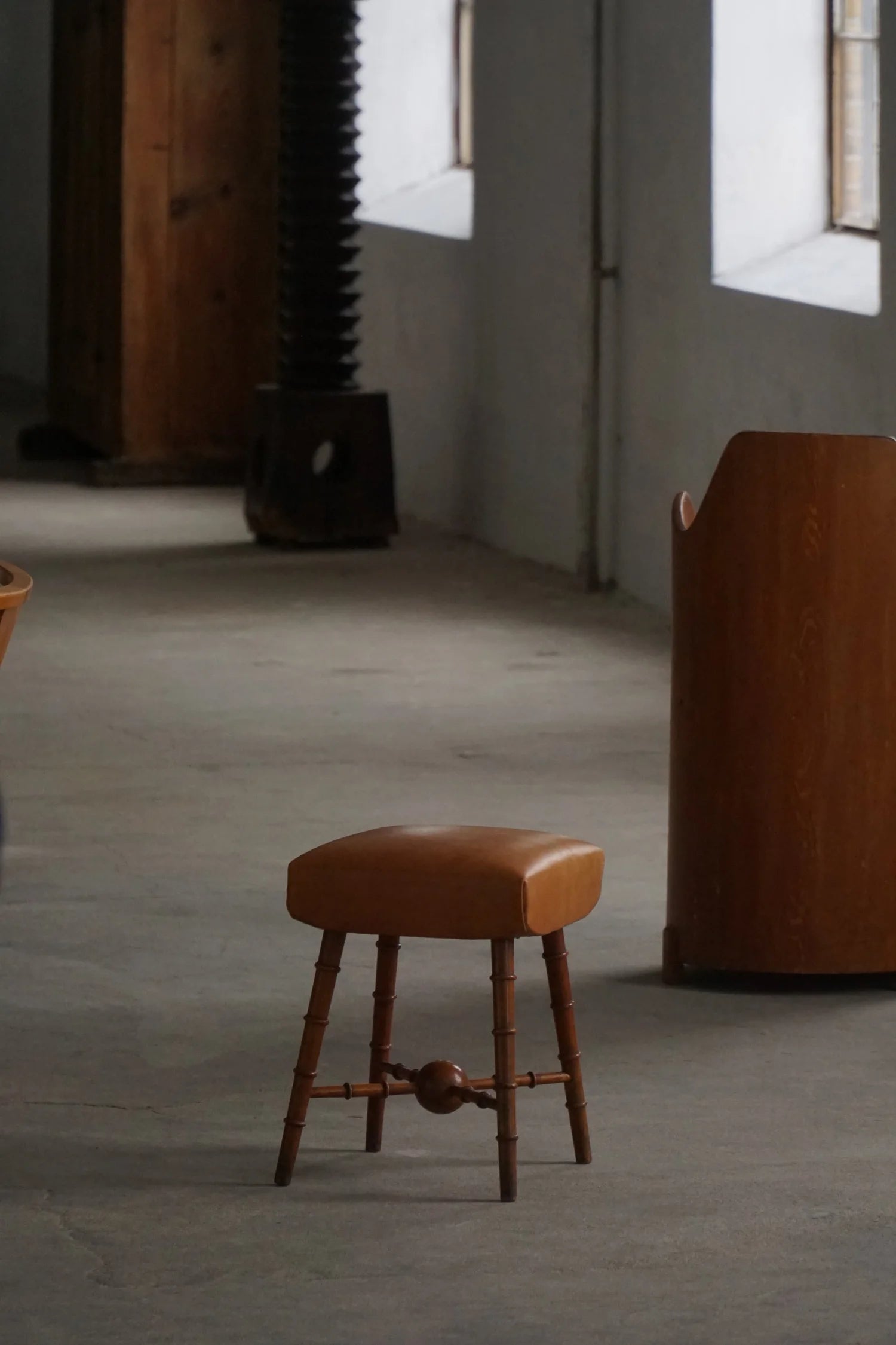 Turned_Wood_Stool_with_Leather_Seat,_Rustic_Scandinavian_Design