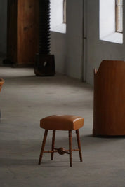 Turned_Wood_Stool_with_Leather_Seat,_Rustic_Scandinavian_Design