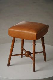 Turned_Wood_Stool_with_Leather_Seat,_Rustic_Scandinavian_Design
