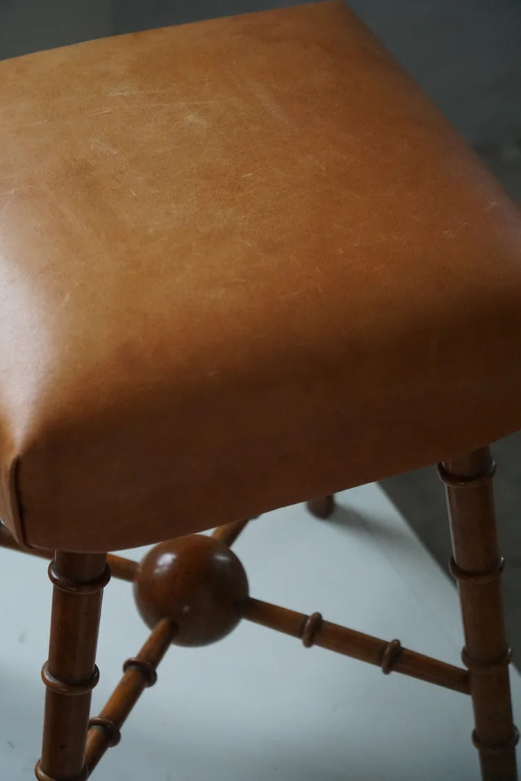 Turned_Wood_Stool_with_Leather_Seat,_Rustic_Scandinavian_Design