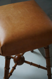 Turned_Wood_Stool_with_Leather_Seat,_Rustic_Scandinavian_Design