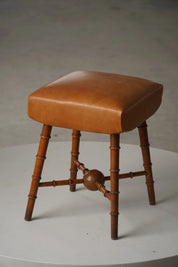 Turned_Wood_Stool_with_Leather_Seat,_Rustic_Scandinavian_Design