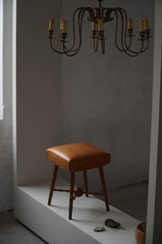Turned_Wood_Stool_with_Leather_Seat,_Rustic_Scandinavian_Design
