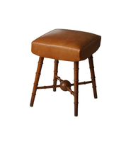 Turned_Wood_Stool_with_Leather_Seat,_Rustic_Scandinavian_Design