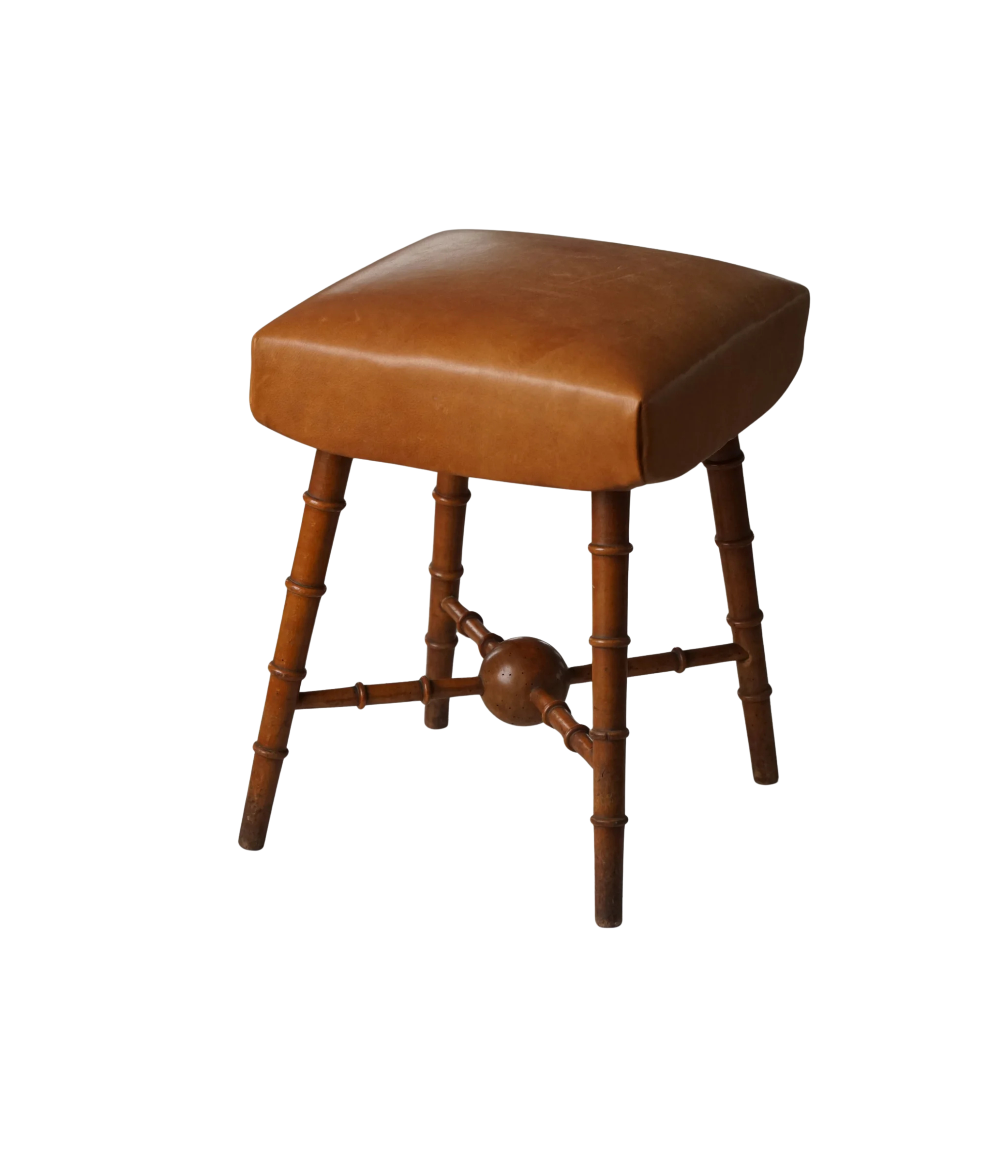 Turned_Wood_Stool_with_Leather_Seat,_Rustic_Scandinavian_Design