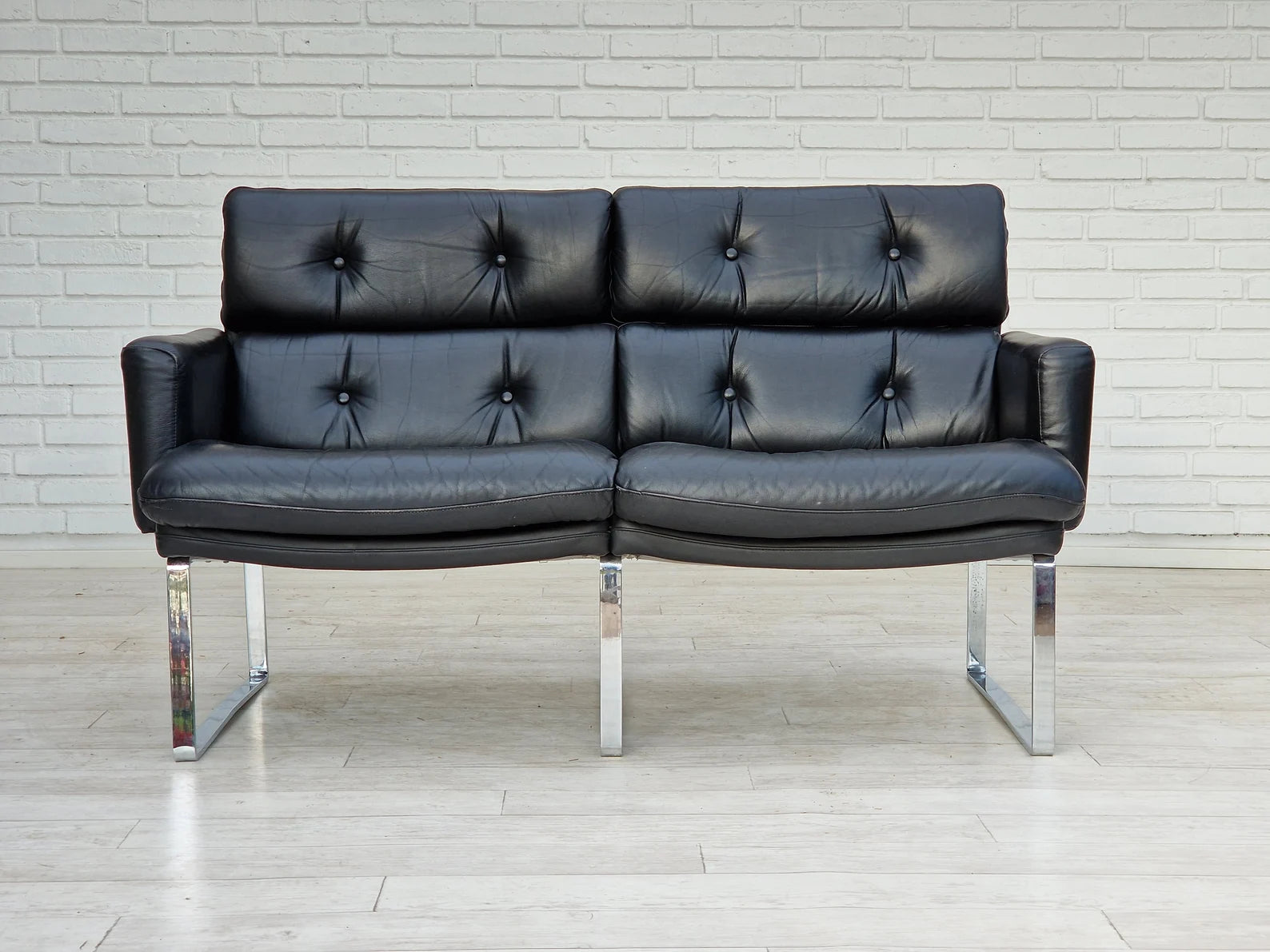 German_Black_Leather_Two_Seater_Sofa_with_Chrome_Frame,_1976,_Germany