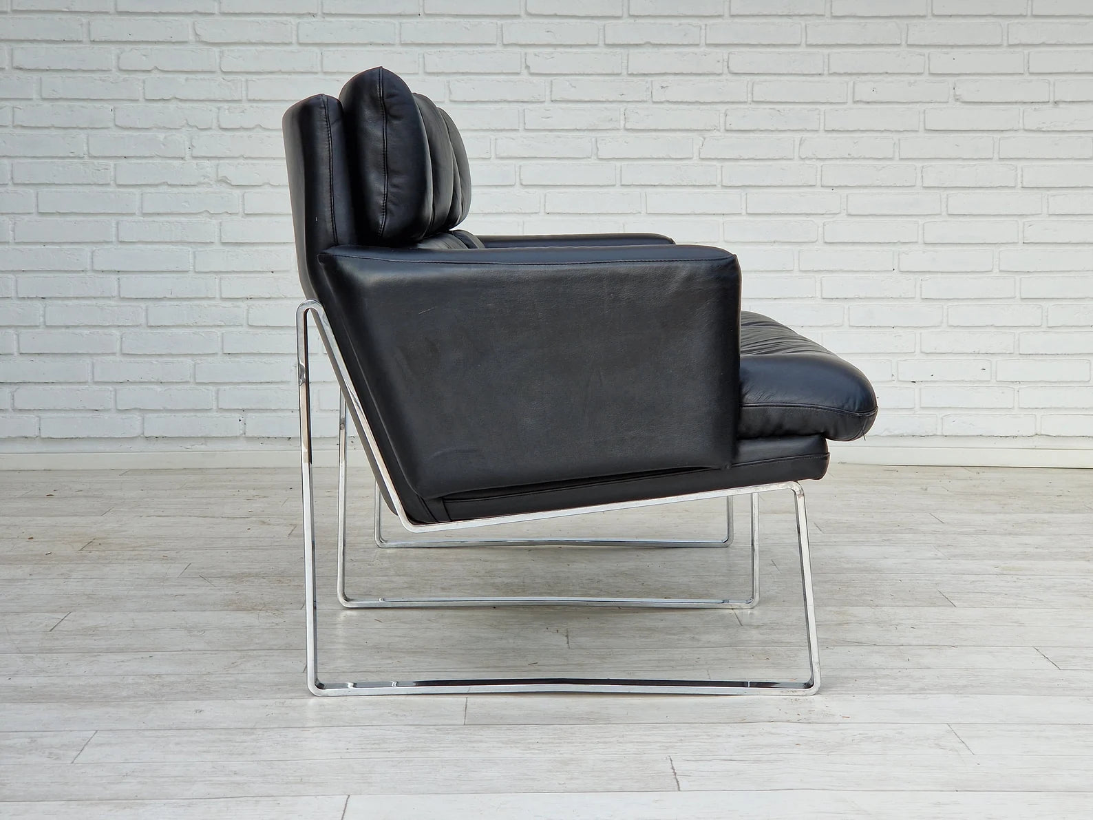 German_Black_Leather_Two_Seater_Sofa_with_Chrome_Frame,_1976,_Germany