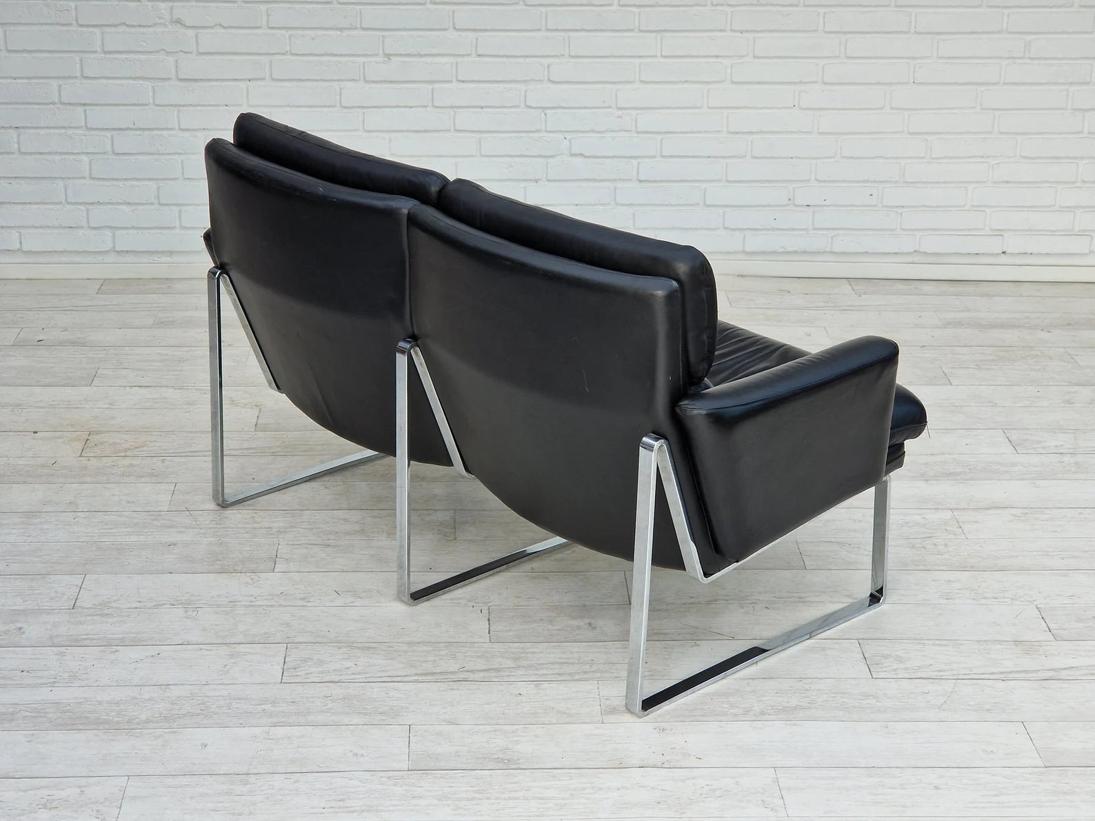 German_Black_Leather_Two_Seater_Sofa_with_Chrome_Frame,_1976,_Germany
