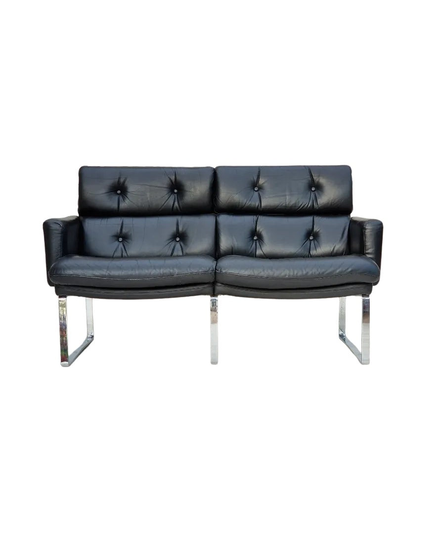 German_Black_Leather_Two_Seater_Sofa_with_Chrome_Frame,_1976,_Germany