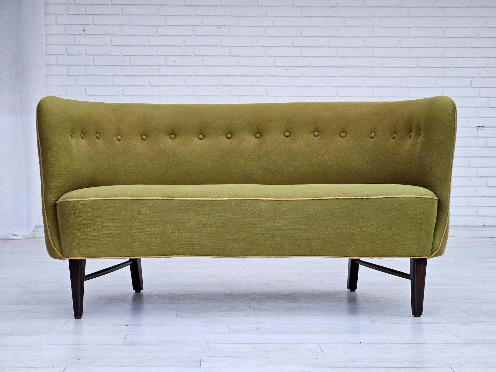 1960s_Danish_Two_Seater_Sofa_in_Olive_Green_Wool_with_Oak_Legs,_Denmark