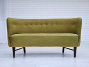 1960s_Danish_Two_Seater_Sofa_in_Olive_Green_Wool_with_Oak_Legs,_Denmark