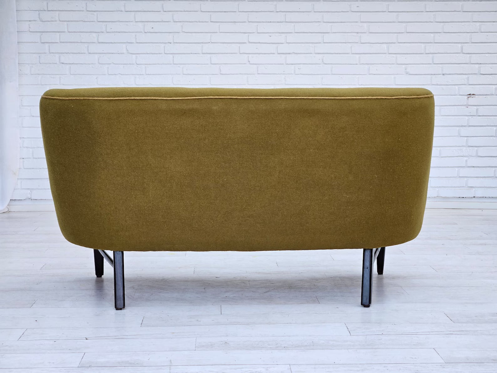 1960s_Danish_Two_Seater_Sofa_in_Olive_Green_Wool_with_Oak_Legs,_Denmark