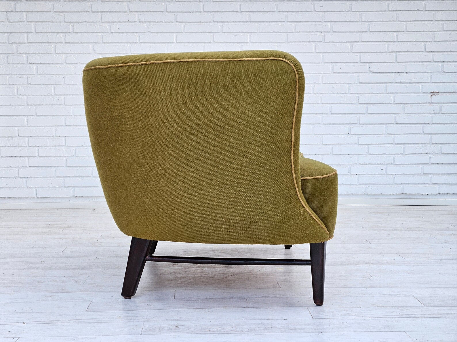 1960s_Danish_Two_Seater_Sofa_in_Olive_Green_Wool_with_Oak_Legs,_Denmark