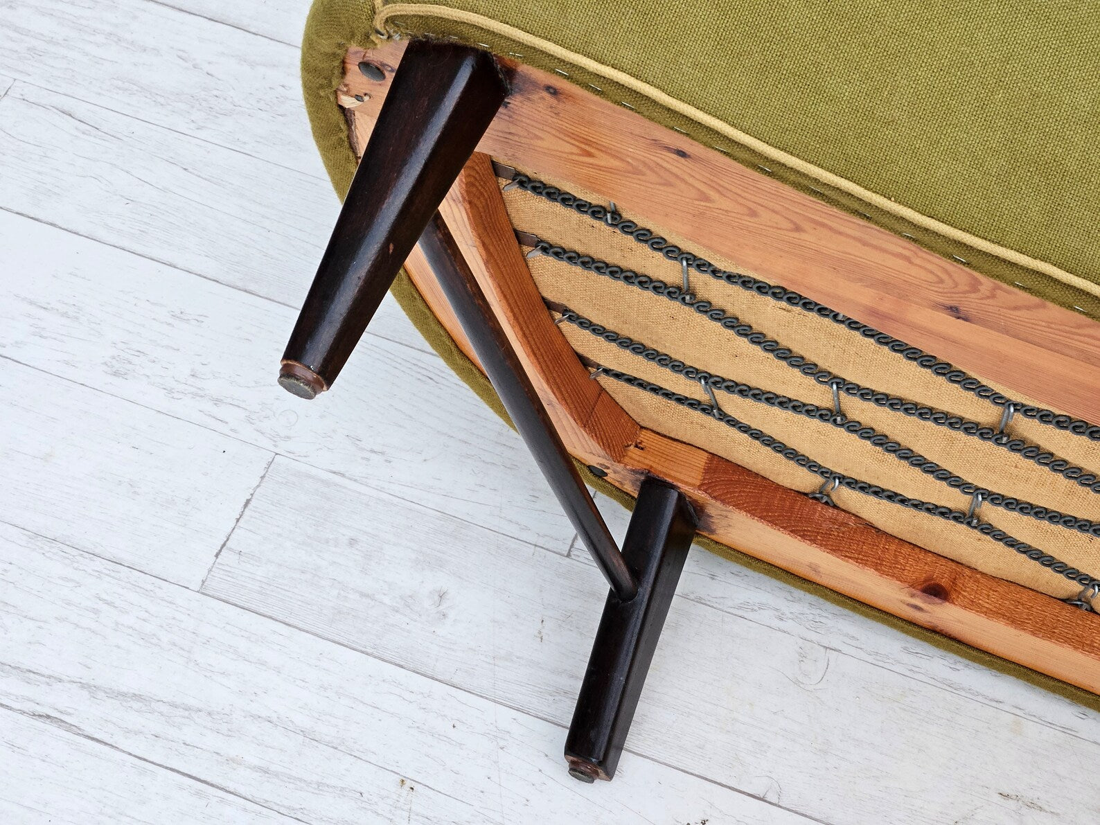 1960s_Danish_Two_Seater_Sofa_in_Olive_Green_Wool_with_Oak_Legs,_Denmark