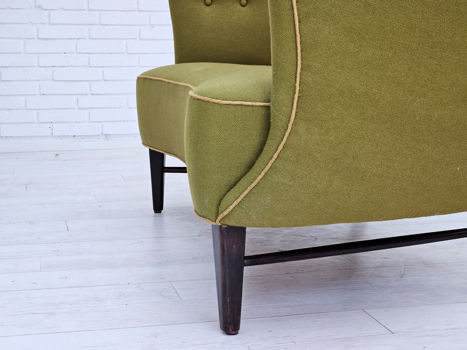 1960s_Danish_Two_Seater_Sofa_in_Olive_Green_Wool_with_Oak_Legs,_Denmark