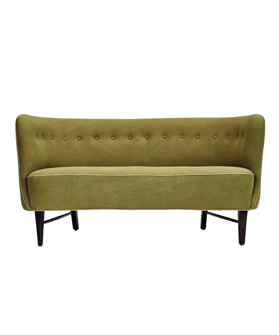 1960s_Danish_Two_Seater_Sofa_in_Olive_Green_Wool_with_Oak_Legs,_Denmark