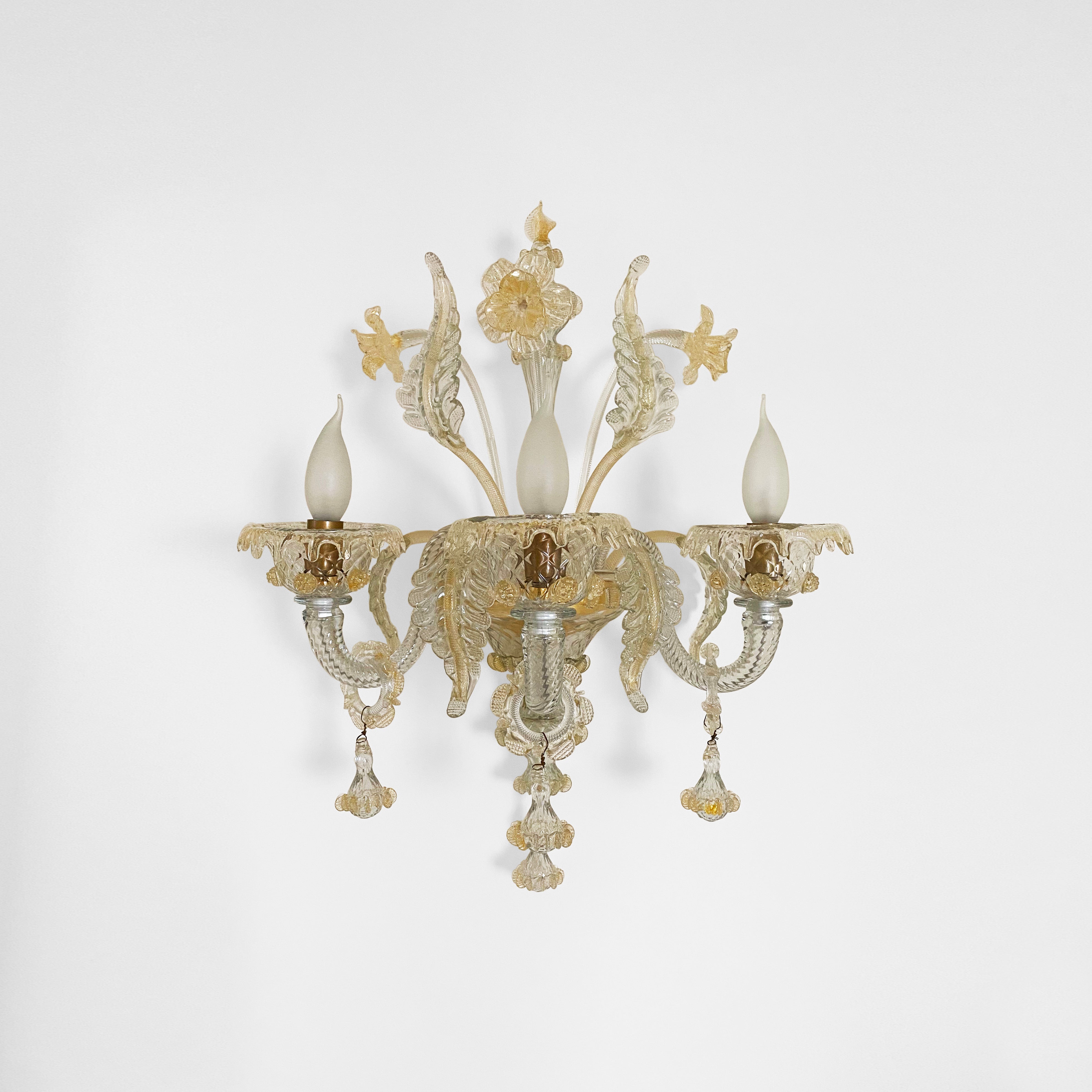 Murano_Venetian_Glass_Wall_Chandelier_with_Gold_Leaf,_3_Lights