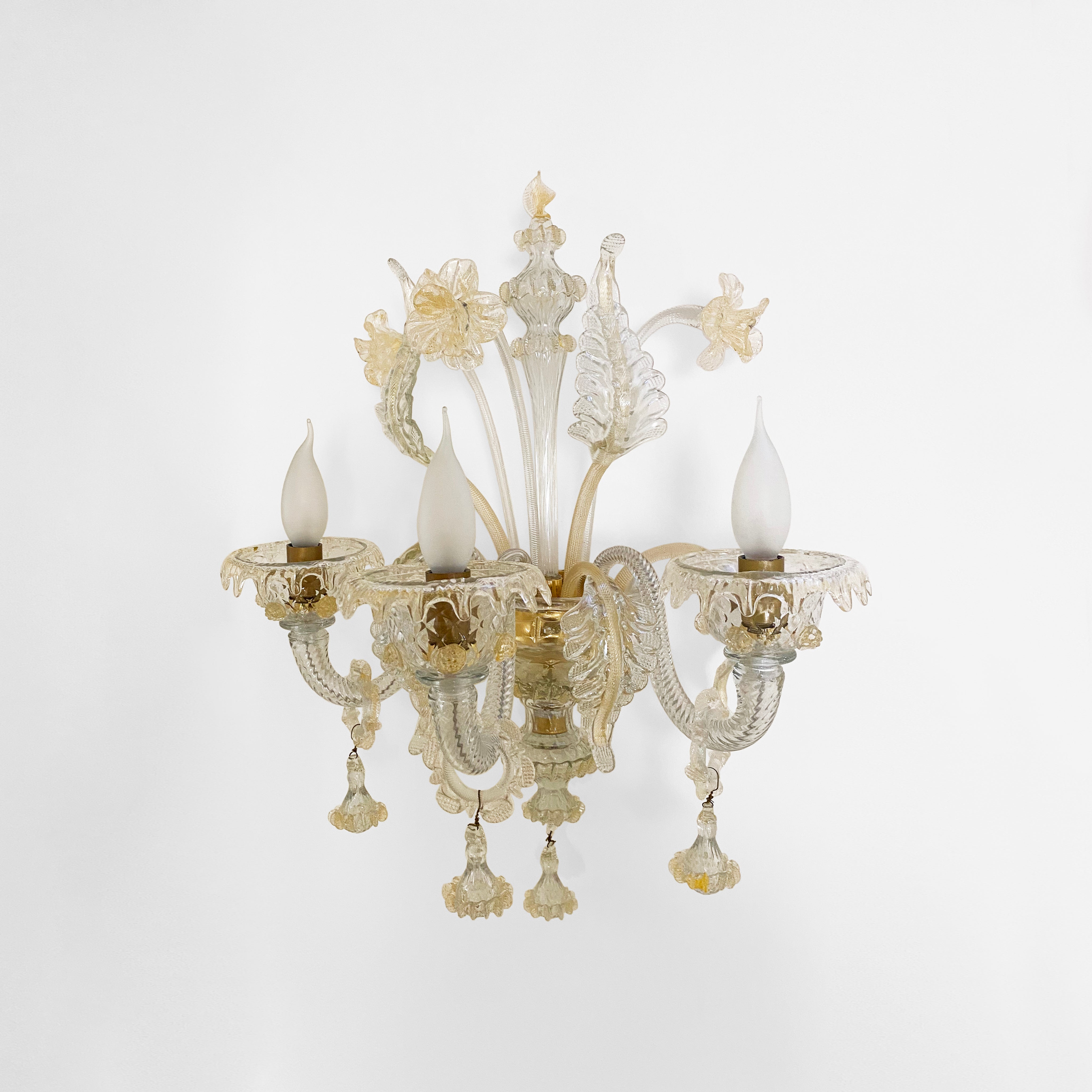 Murano_Venetian_Glass_Wall_Chandelier_with_Gold_Leaf,_3_Lights