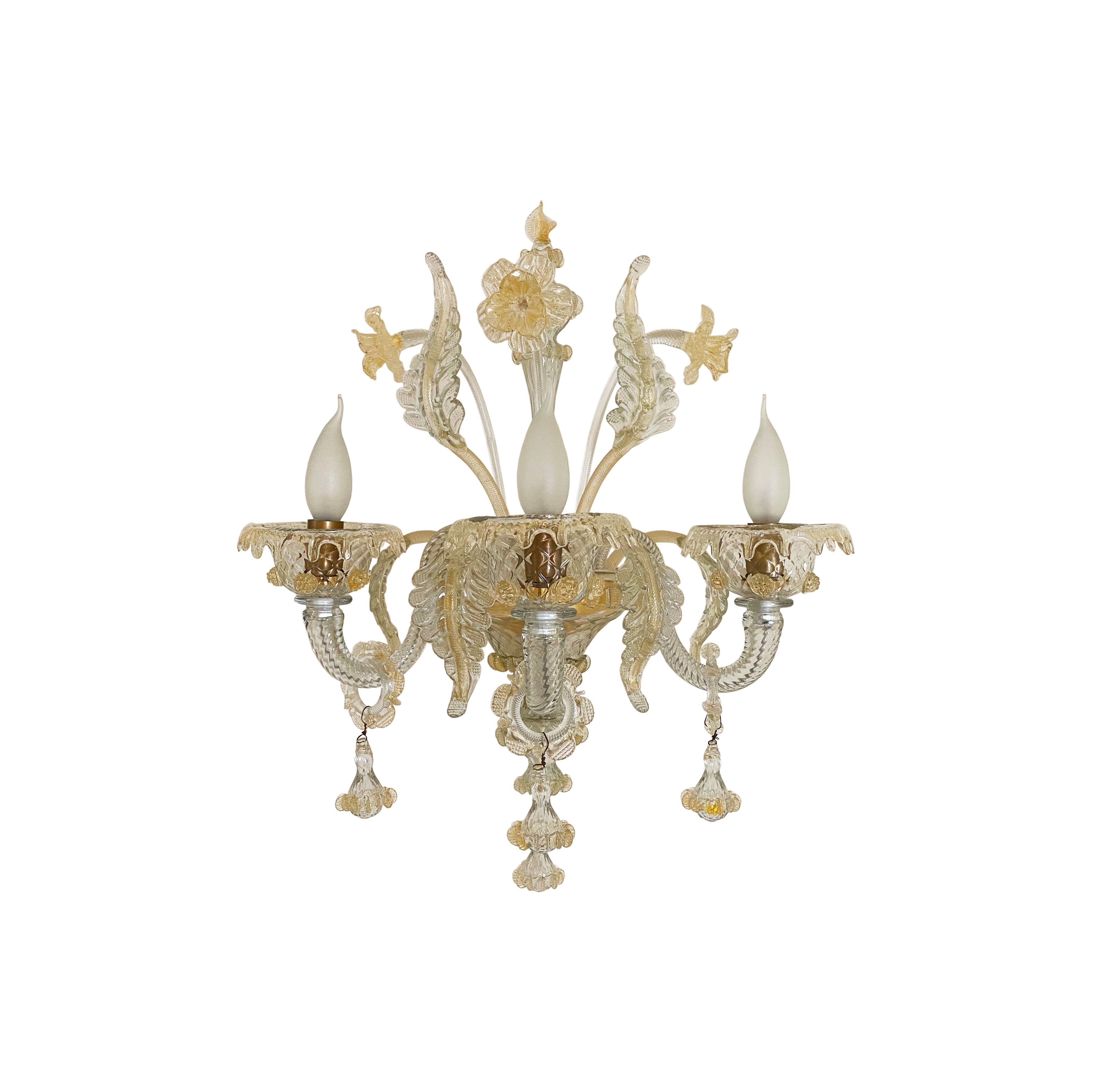 Murano_Venetian_Glass_Wall_Chandelier_with_Gold_Leaf,_3_Lights