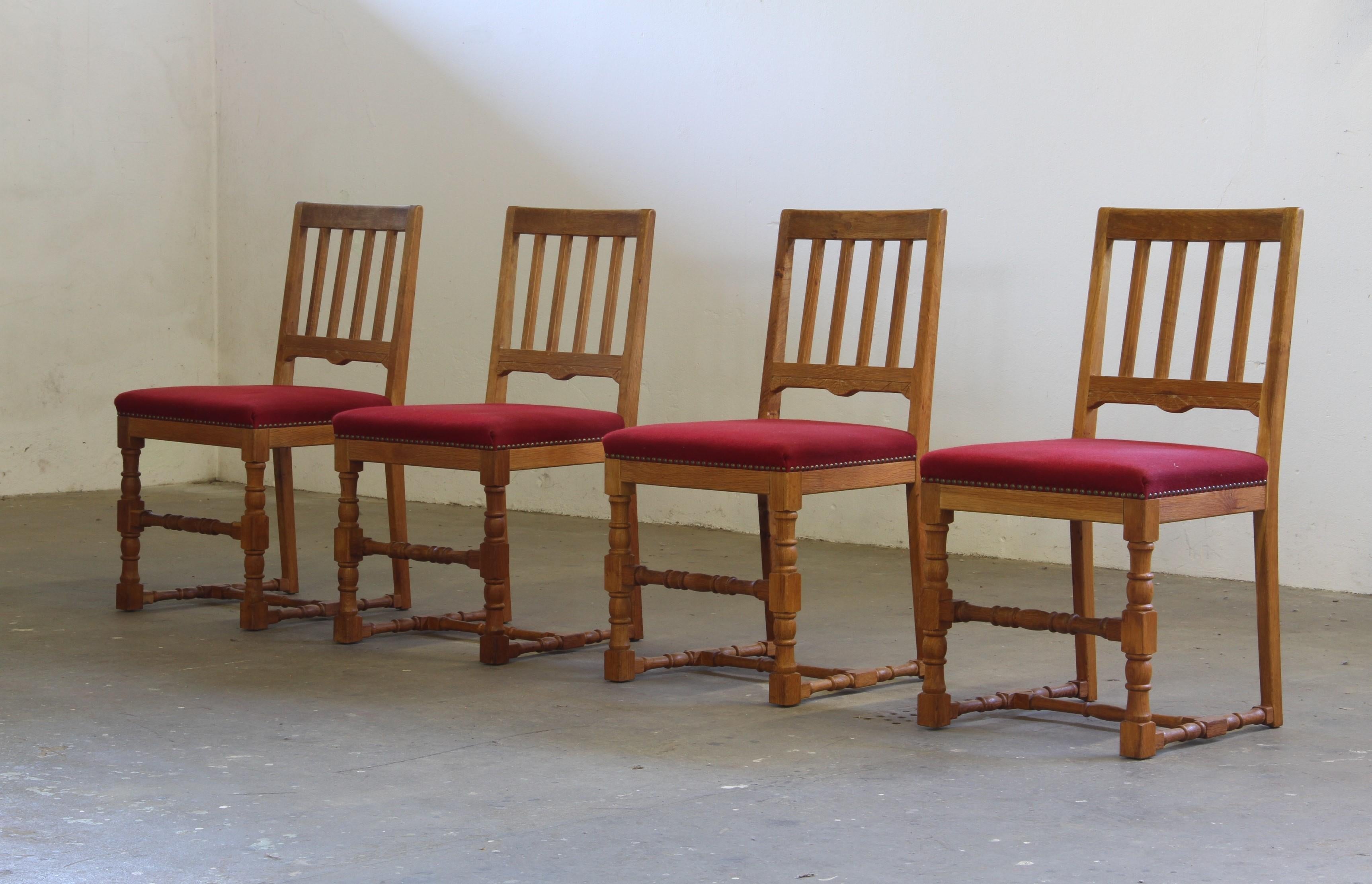 Set_of_4_Rustic_Carved_Oak_Dining_Chairs_with_Upholstered_Seats,_1940s-1950s