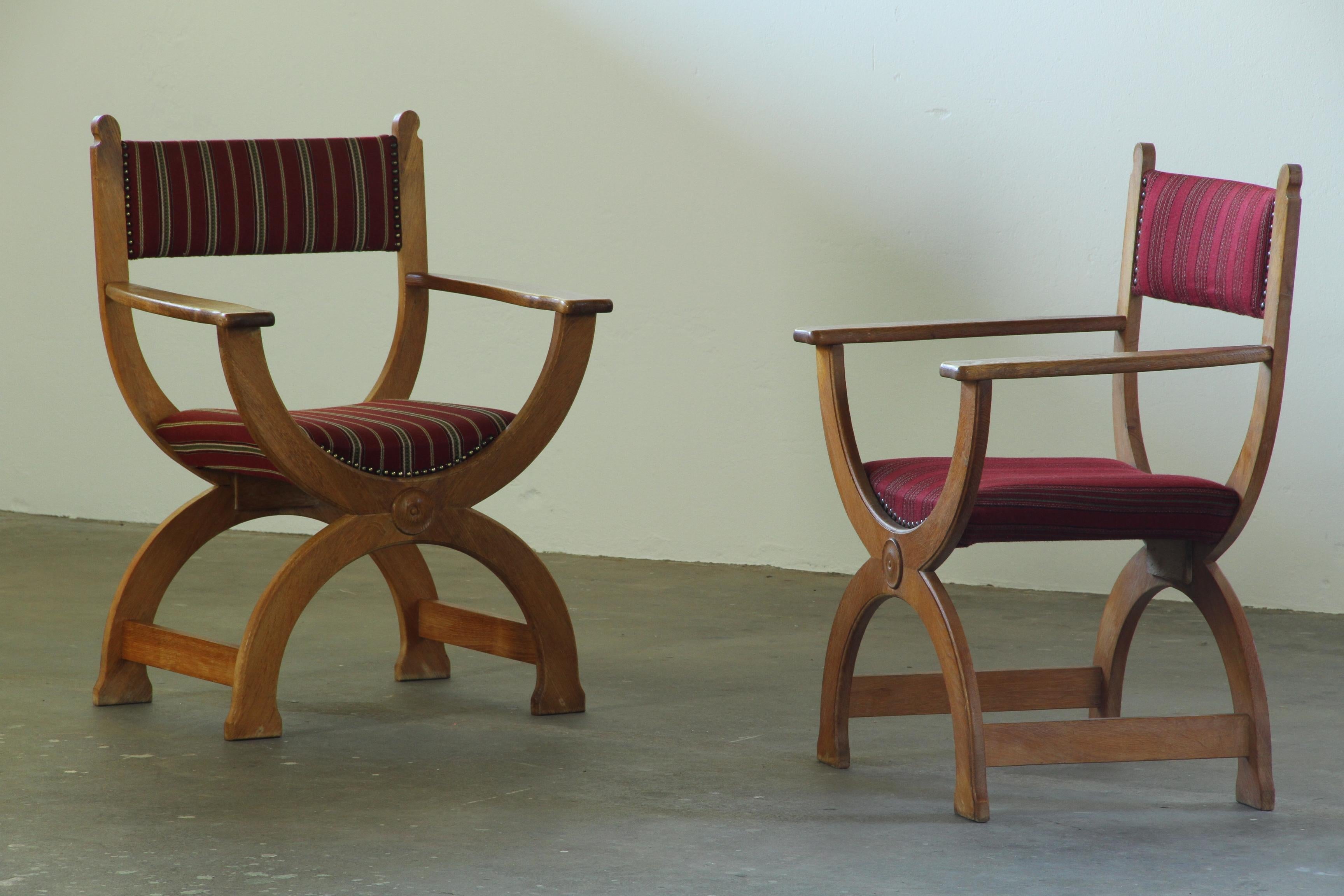 Set_of_2_Danish_Kurol_Brutalist_Oak_Armchairs_with_Red_Striped_Wool_Upholstery,_Henning_Kjærnulf_Style