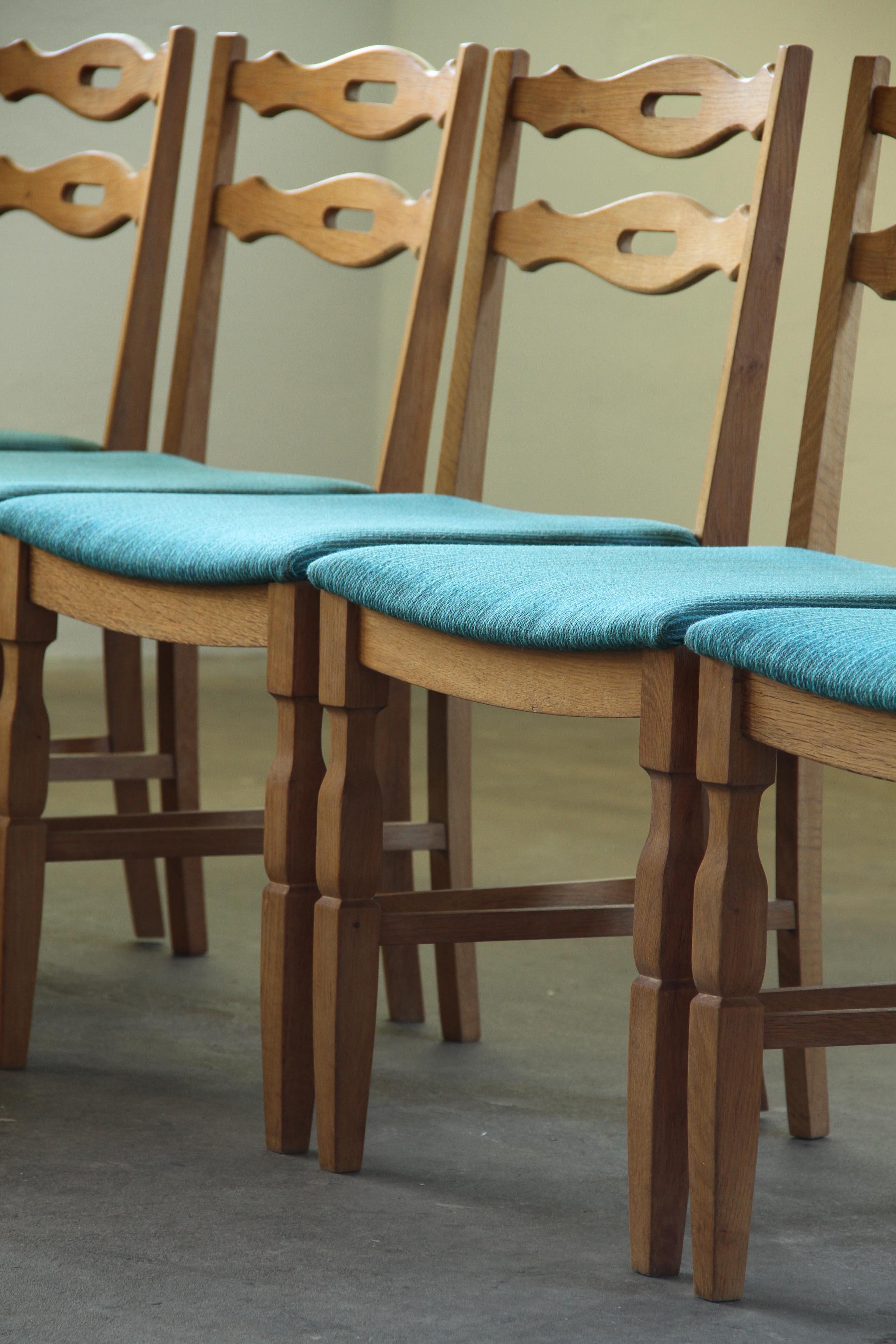 Set_of_6_Danish_Brutalist_Oak_Dining_Chairs_with_Green_Upholstery_in_the_Style_of_Henning_Kjærnulf,_1960s