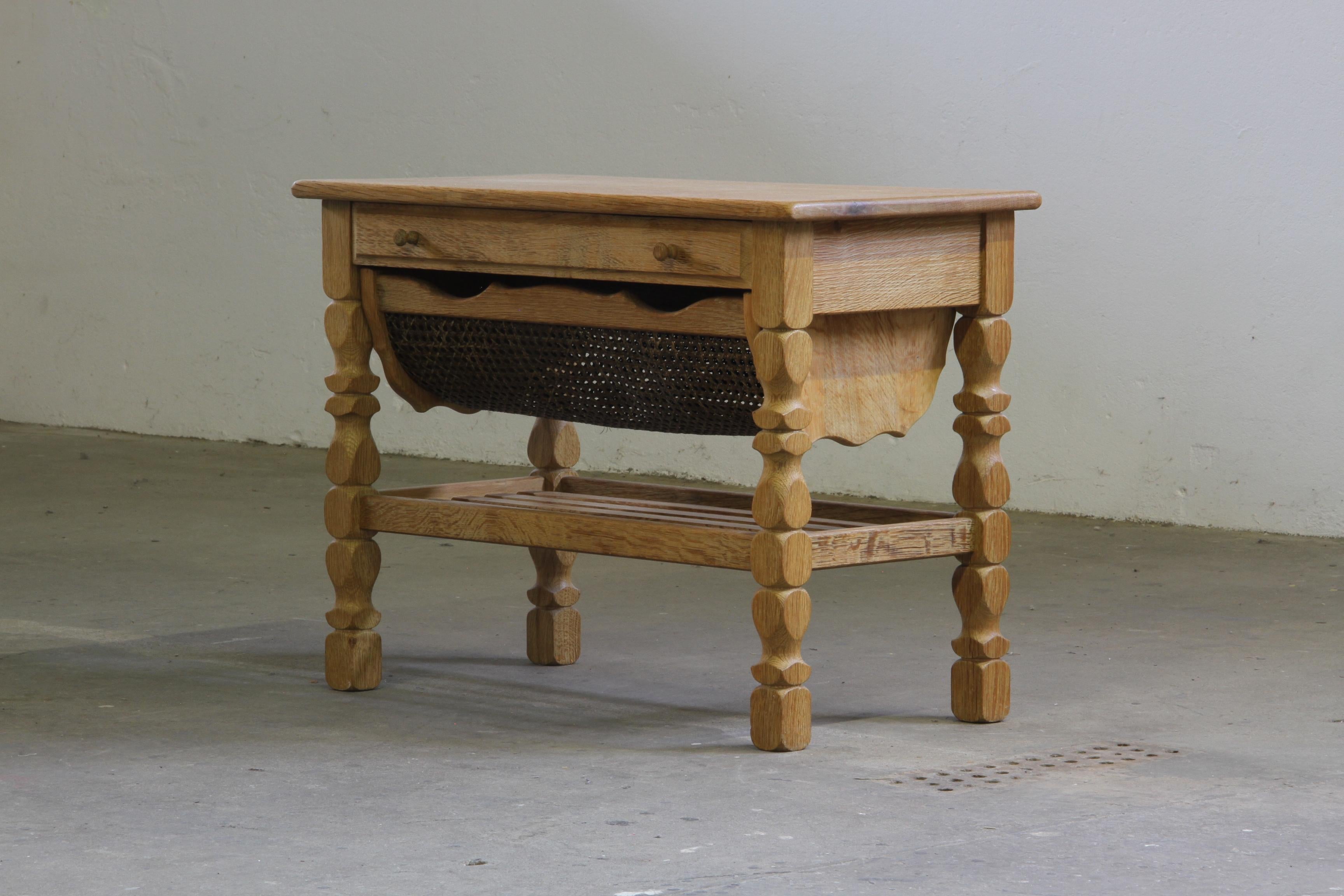 Danish_Solid_Oak_Sewing_Table_with_Wicker_Basket_in_the_Style_of_Henning_Kjærnulf,_1960s
