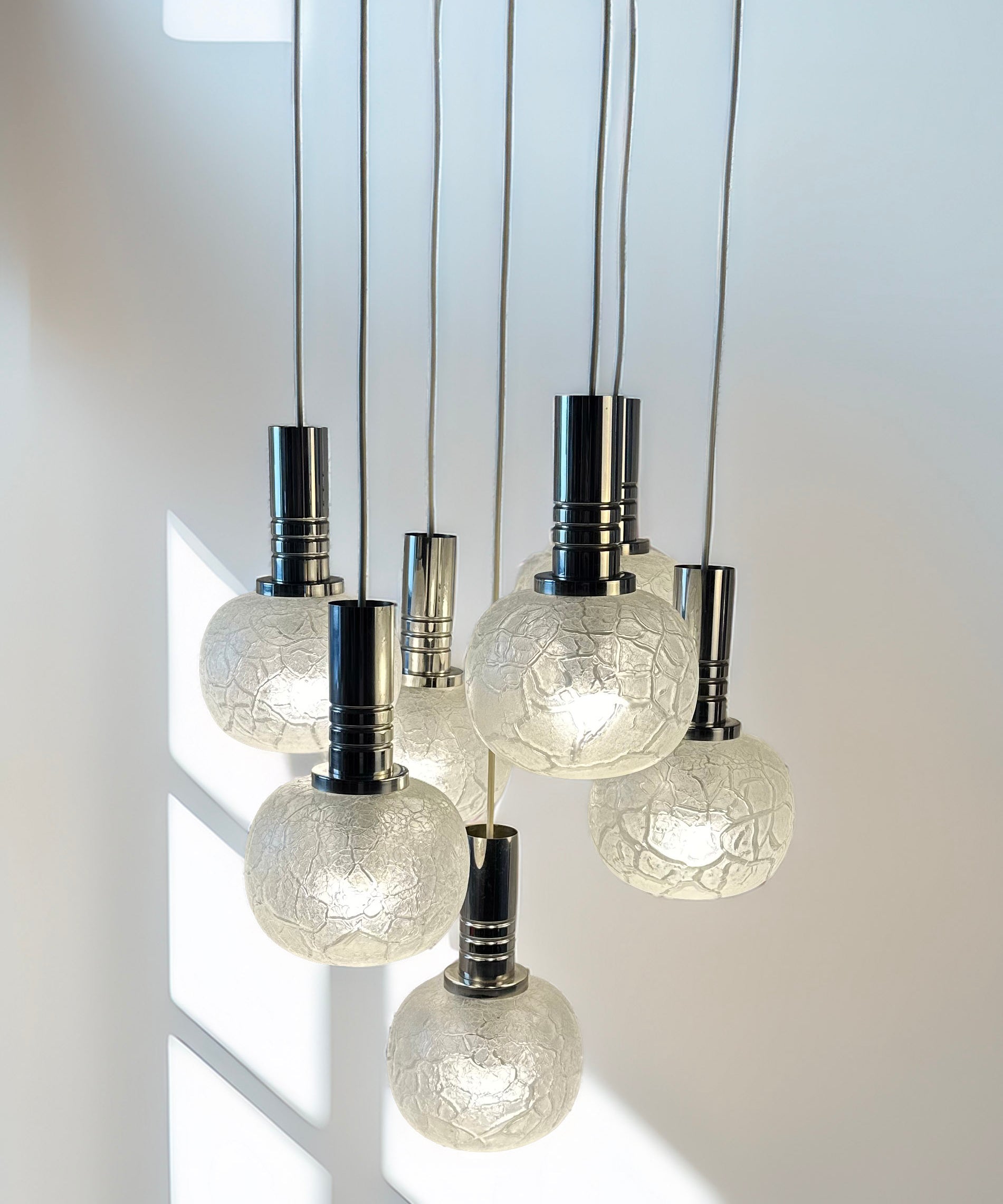 Doria_Leuchten_7_Globe_Chandelier,_Crackled_Murano_Style_Glass_and_Chrome,_German_Mid_Century_Modern,_1970s