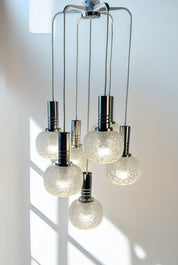 Doria_Leuchten_7_Globe_Chandelier,_Crackled_Murano_Style_Glass_and_Chrome,_German_Mid_Century_Modern,_1970s