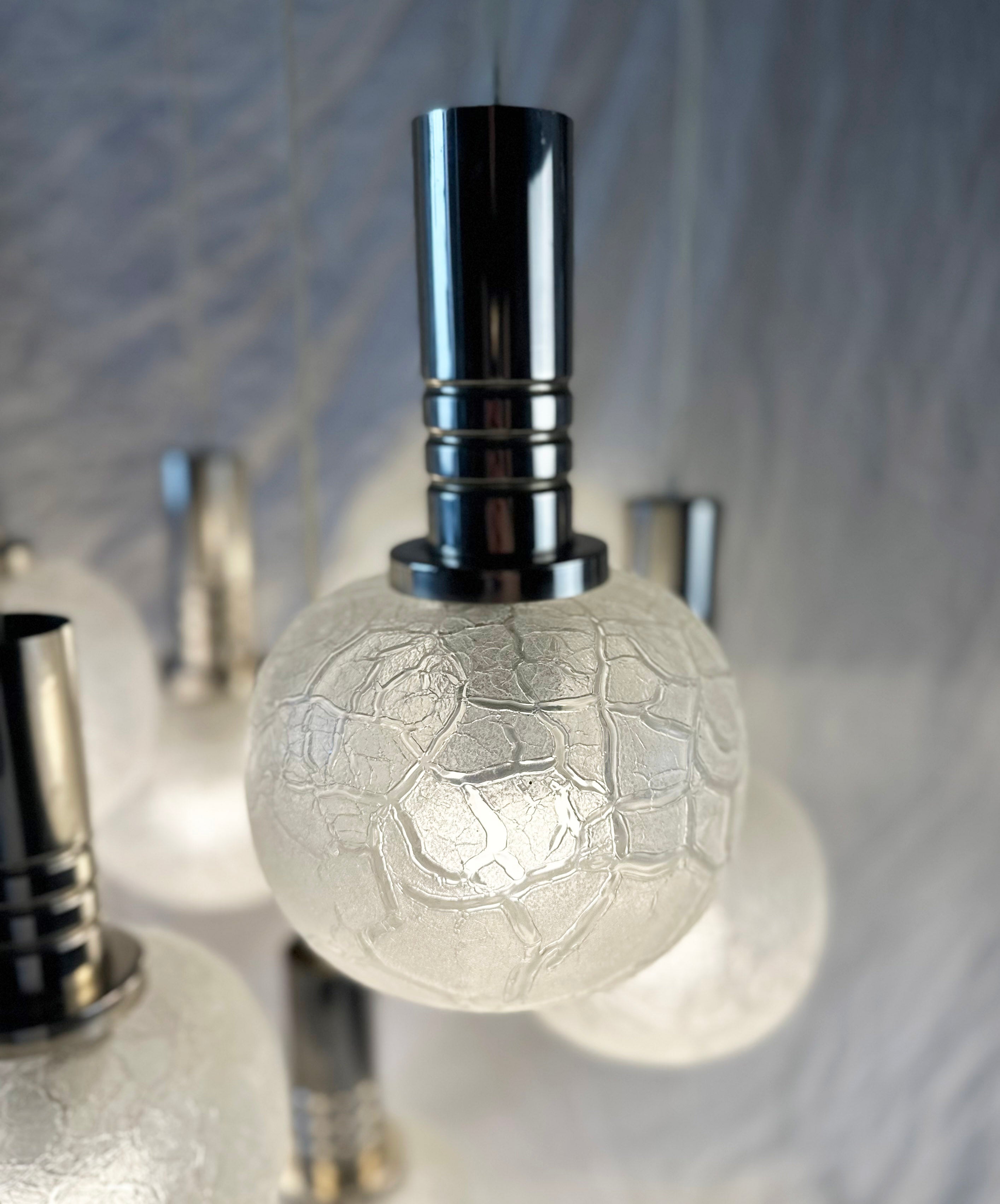 Doria_Leuchten_7_Globe_Chandelier,_Crackled_Murano_Style_Glass_and_Chrome,_German_Mid_Century_Modern,_1970s
