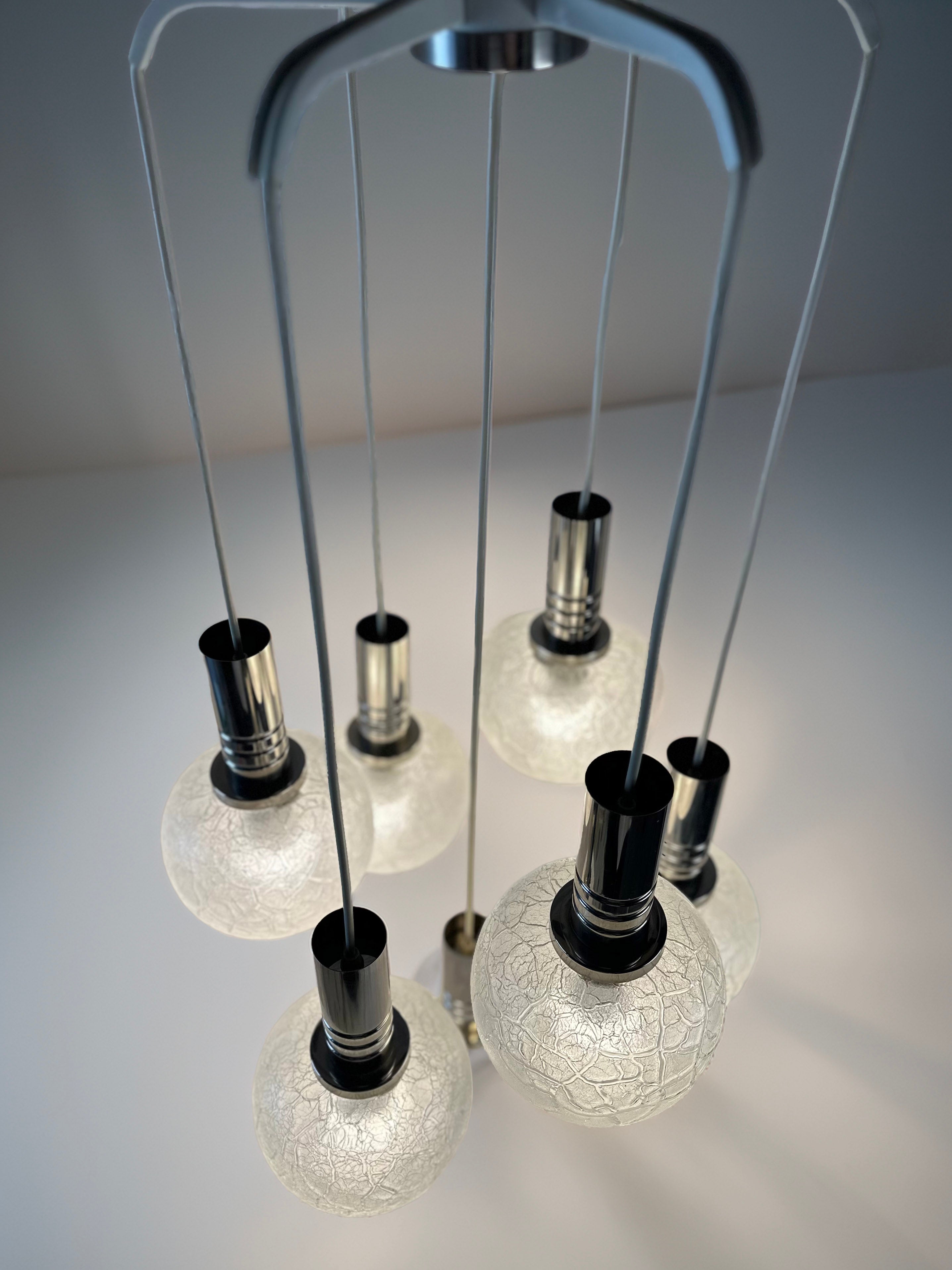 Doria_Leuchten_7_Globe_Chandelier,_Crackled_Murano_Style_Glass_and_Chrome,_German_Mid_Century_Modern,_1970s