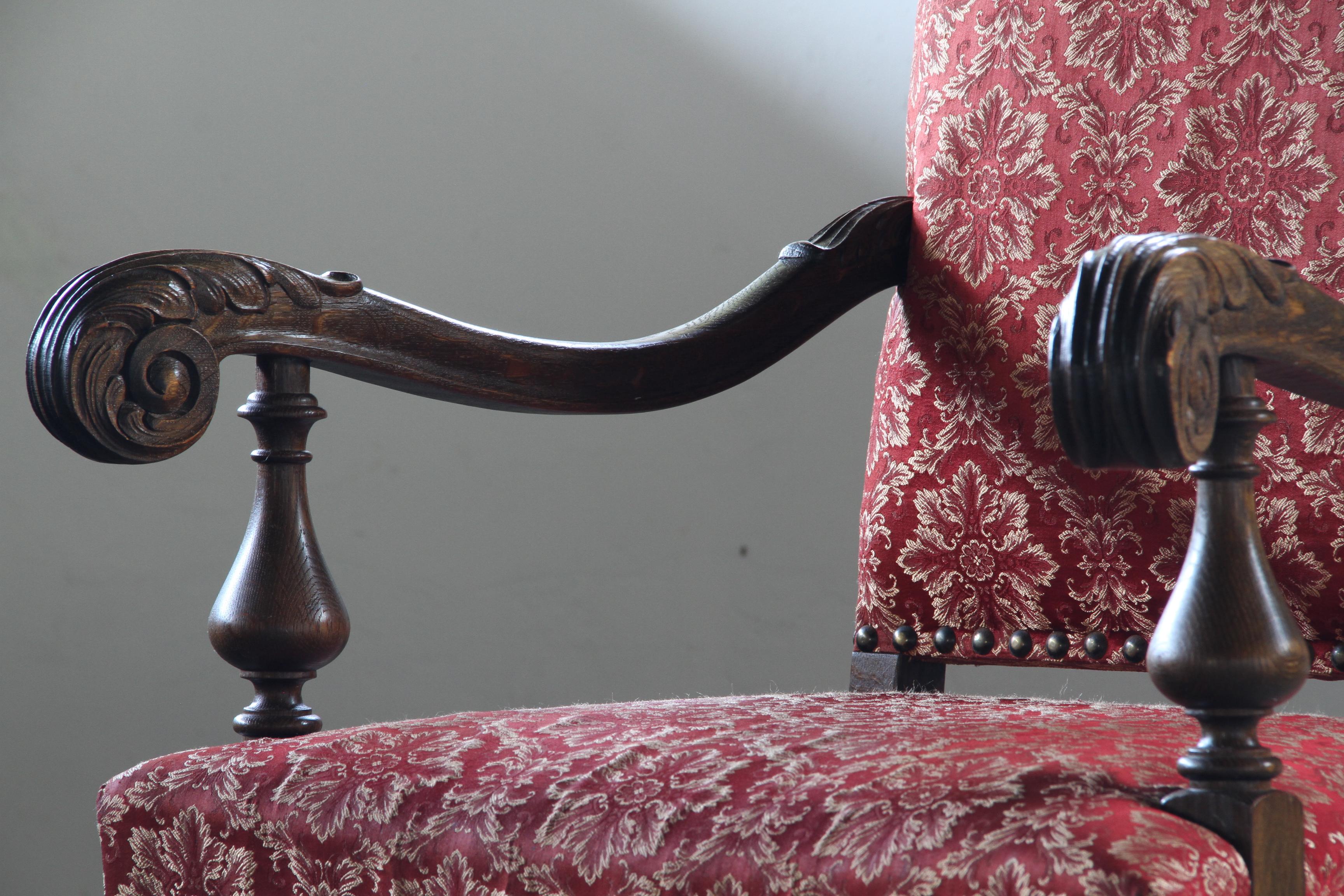 19th-Century_Danish_Ceremonial_Armchair_in_Carved_Oak_and_Red_Damask,_Late_1800s