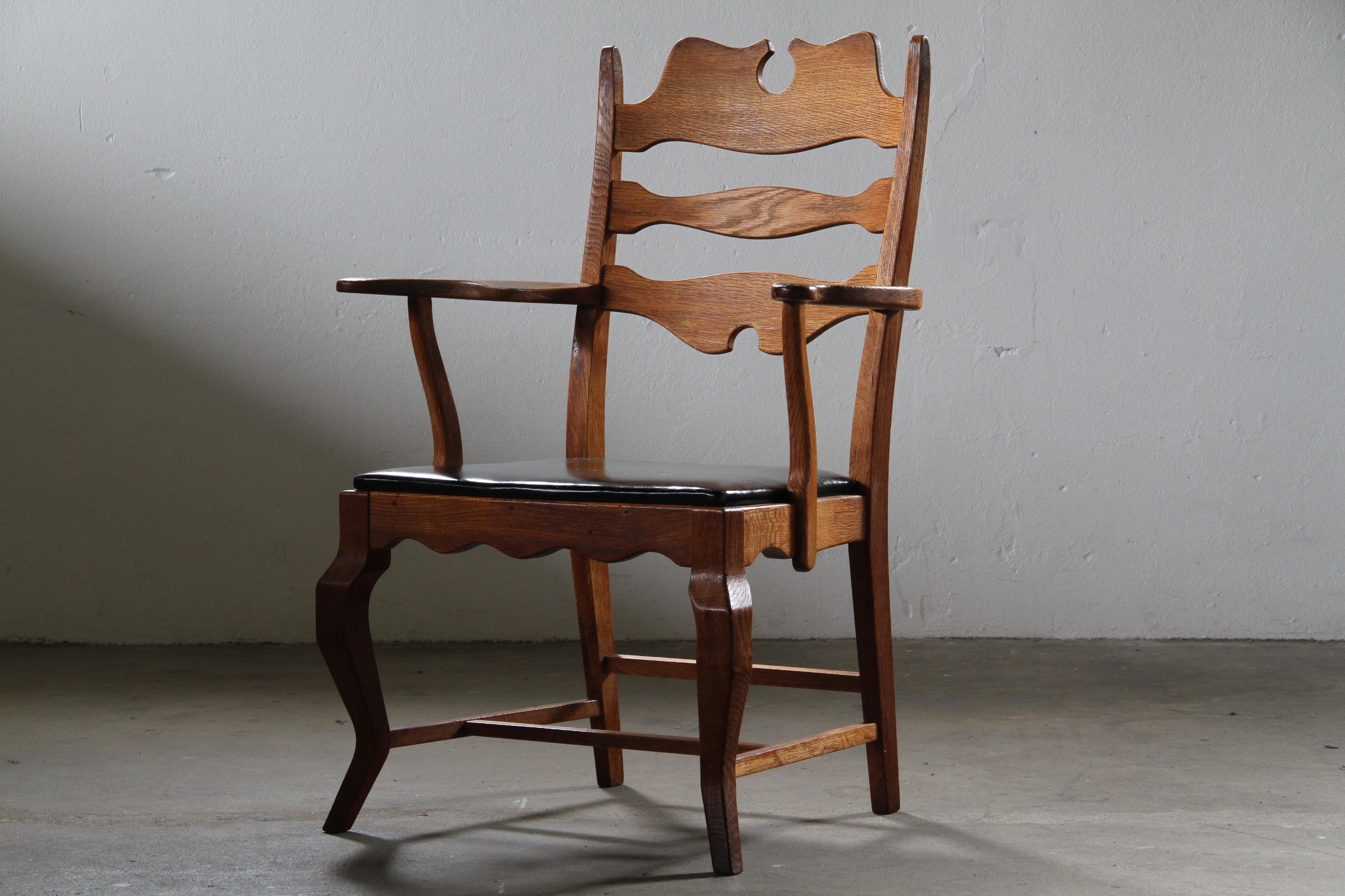 Razorblade_Brutalist_Oak_Armchair_by_Henning_Kjærnulf,_Black_Leather,_Danish_Mid-Century_Design