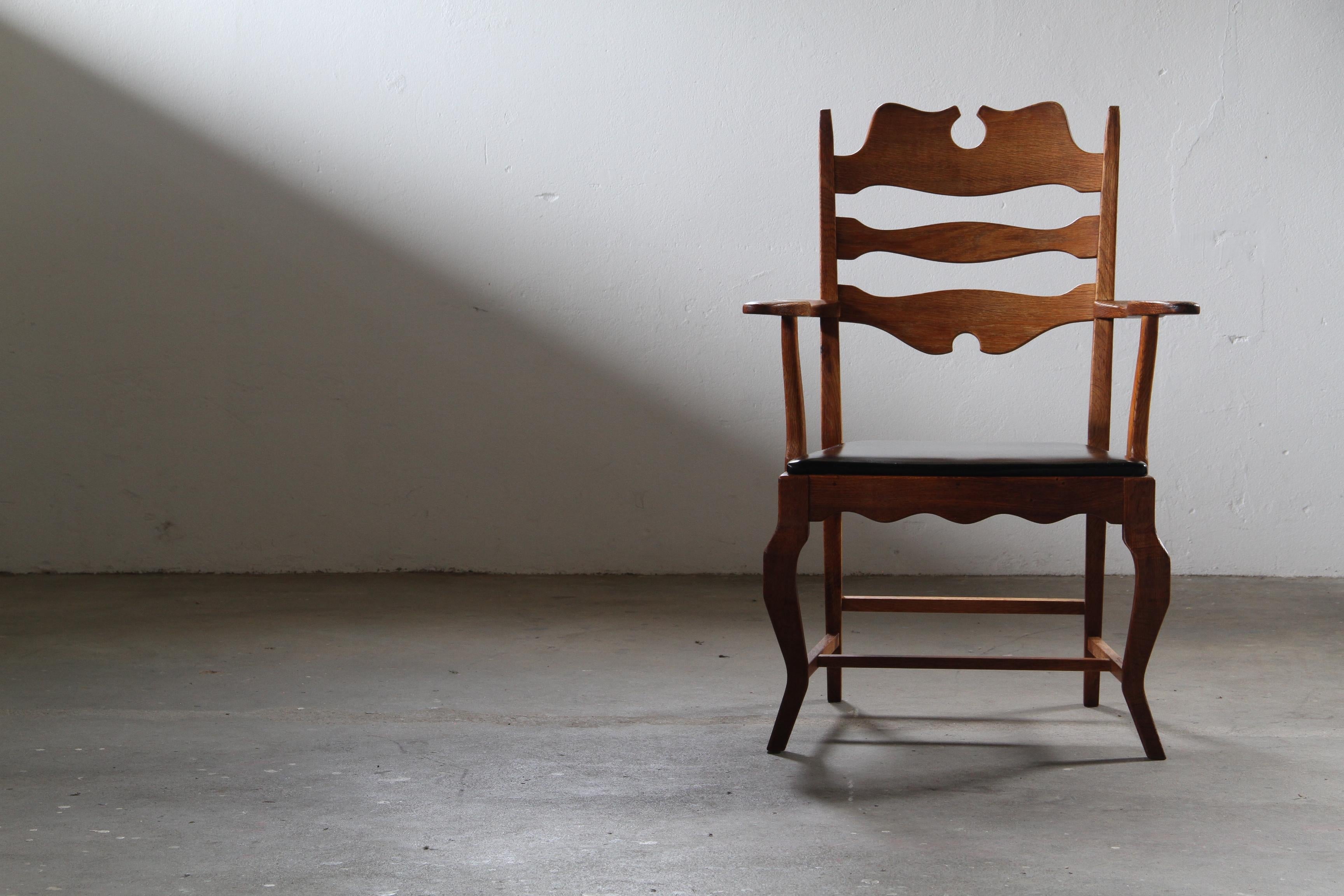 Razorblade_Brutalist_Oak_Armchair_by_Henning_Kjærnulf,_Black_Leather,_Danish_Mid-Century_Design